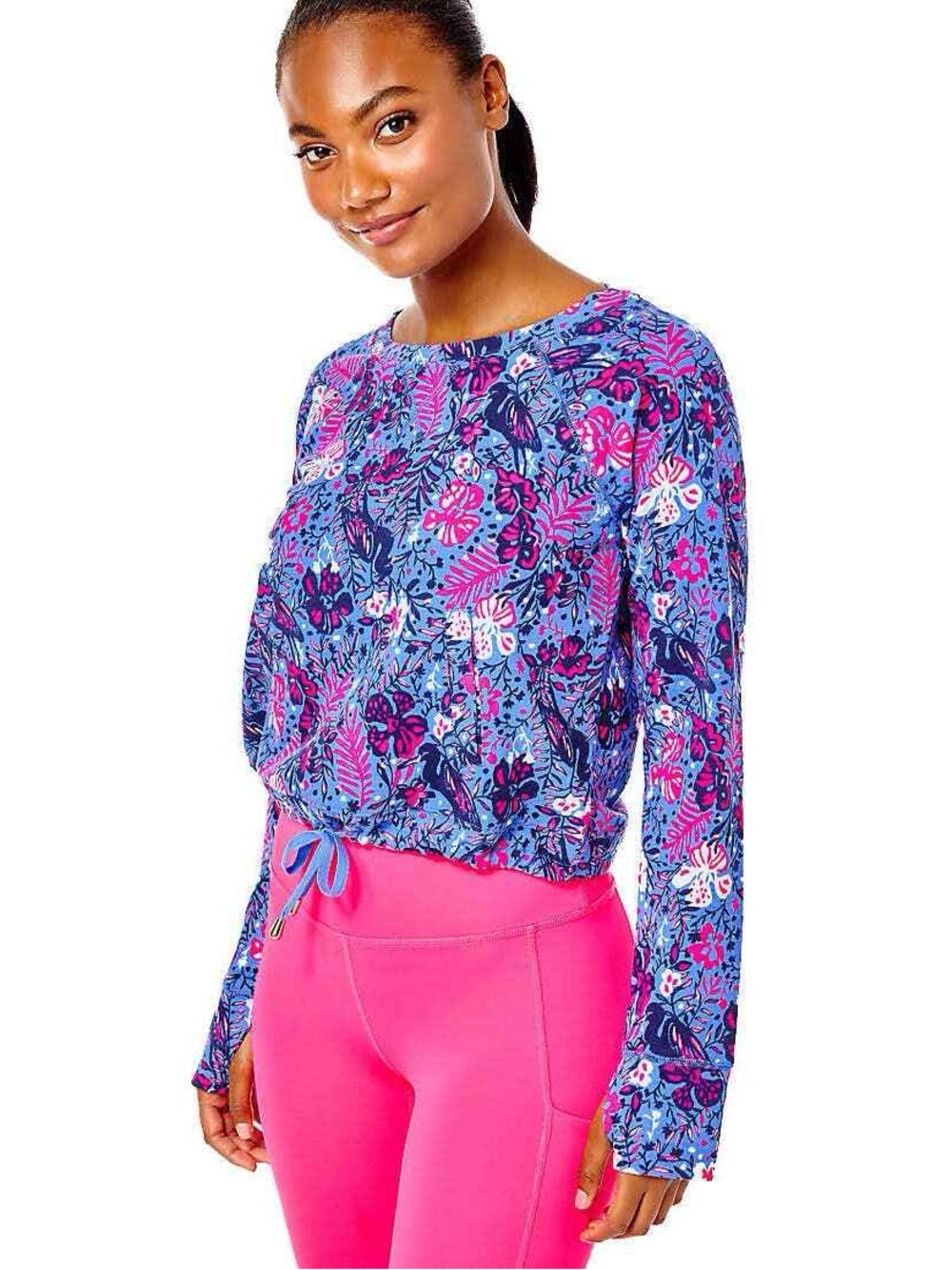 Lilly Pulitzer Emmaline Sweatshirt Boca Blue floral print with a drawstring tie